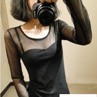 2015春款女装韩版性感网纱袖莫代尔打底衫 镂空透视长袖t恤