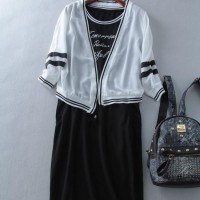 韩国女装2015新款韩版字母黑色连衣裙+雪纺拼条雪纺开衫2件