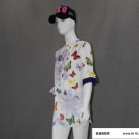 欧洲站2015夏新款女装立领蝴蝶图案印花中袖真丝休闲衬衫直销