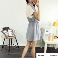 夏季新款女装韩版字母甜筒贴布条纹收腰短袖衬衫连衣裙