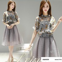 2016夏季新款女装韩版两件套装裙子短袖a字裙欧根纱印花连衣