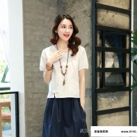 2016夏新品韩版短袖棉麻t恤女大码宽松收腰显瘦纯色圆领体恤